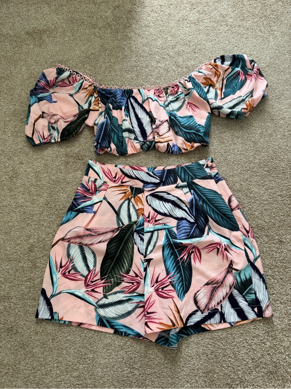 Pink Tropical Print Two-Piece Skirt Set